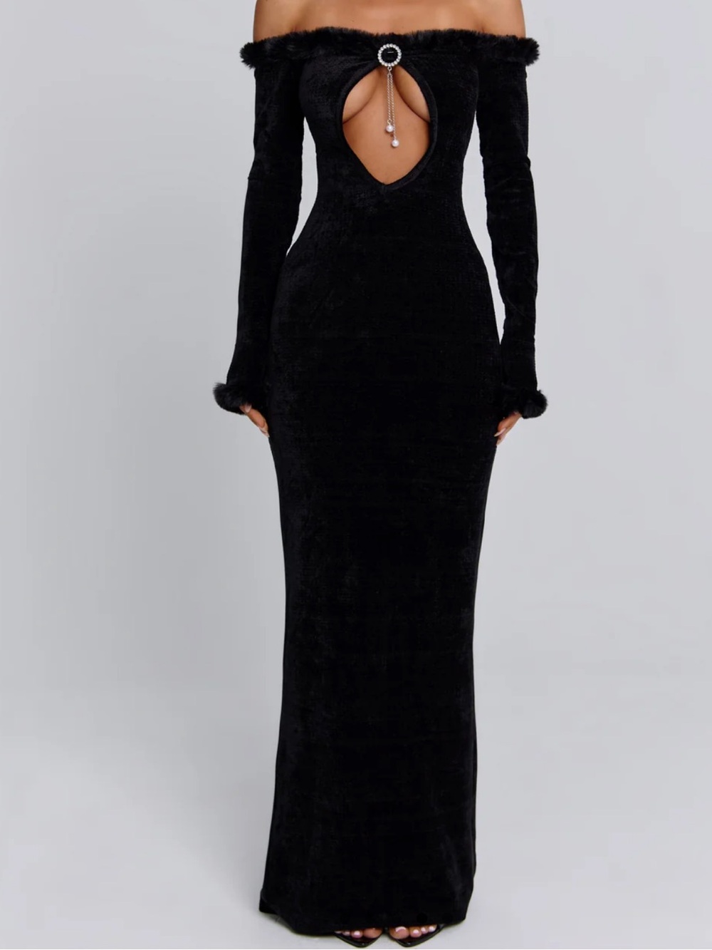 Off-Shoulder Black Velvet Maxi Dress